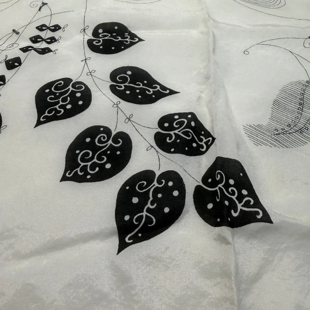 Womens Vintage Square Scarf Gray White Black Botanical Fern Leaf Hand Rolled